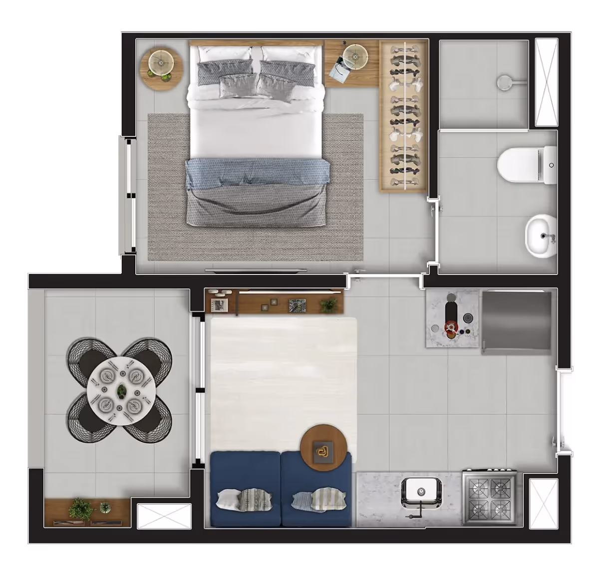 Planta do apartamento de 1 dormitório com varanda, de 26,04 m² — Via Cocá