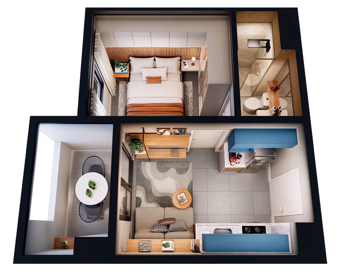 Planta humanizada em 3D do apartamento de 1 dormitório com varanda, de 26,04 m² — Via Cocá