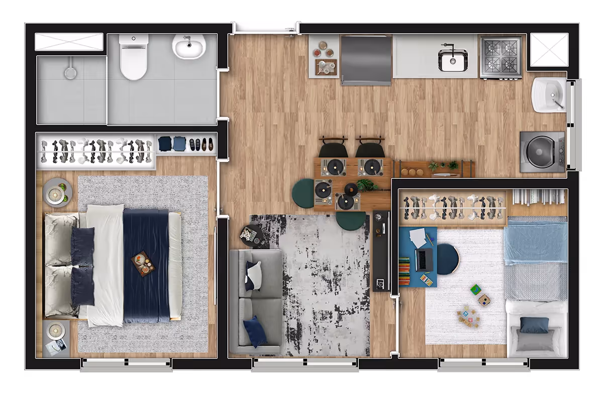 Planta do apartamento de 2 dormitórios, de 32 m² — Via Cocá