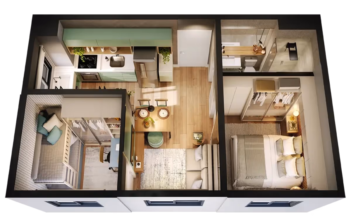 Planta humanizada em 3D do apartamento de 2 dormitórios, de 32 m² — Via Cocá
