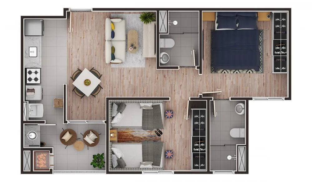 Planta do apartamento de 2 dormitórios — Riviera Martins de Sá