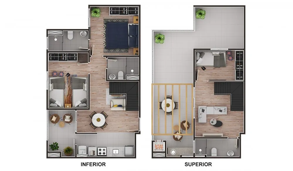 Planta do duplex, pavimentos inferior e superior — Riviera Martins de Sá