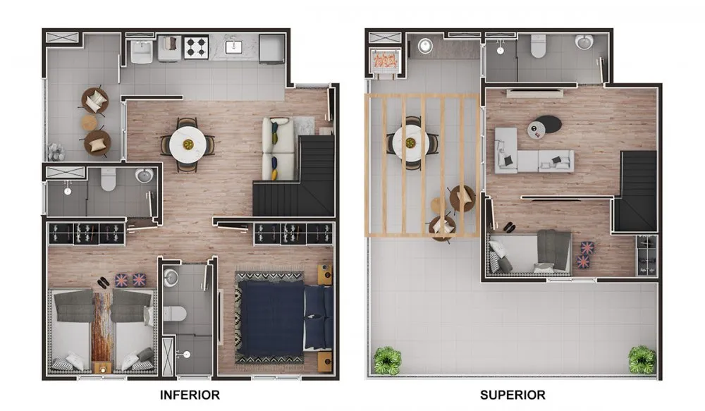 Planta do duplex, pavimentos inferior e superior, segunda opção — Riviera Martins de Sá
