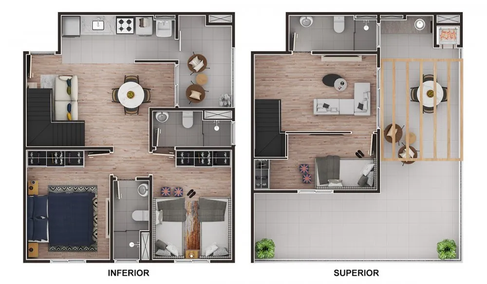 Planta do duplex, pavimentos inferior e superior, terceira opção — Riviera Martins de Sá