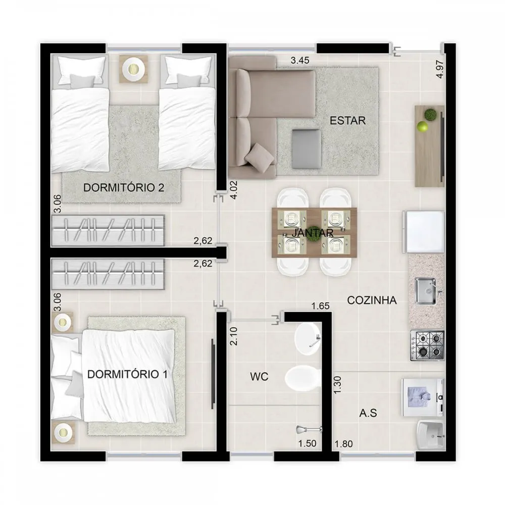 Planta do apartamento de 2 dormitórios — Residencial Vista da Serra