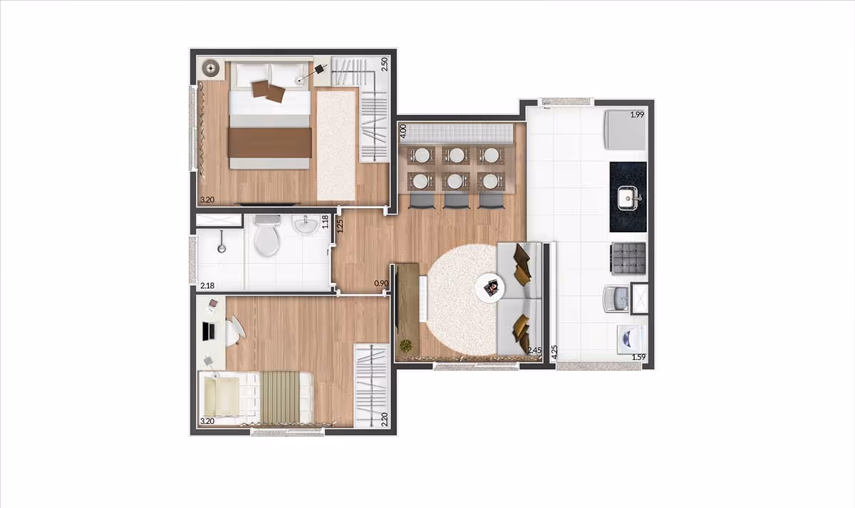 Planta do apartamento de 2 dormitórios, final de ponta — Total Braz Cubas