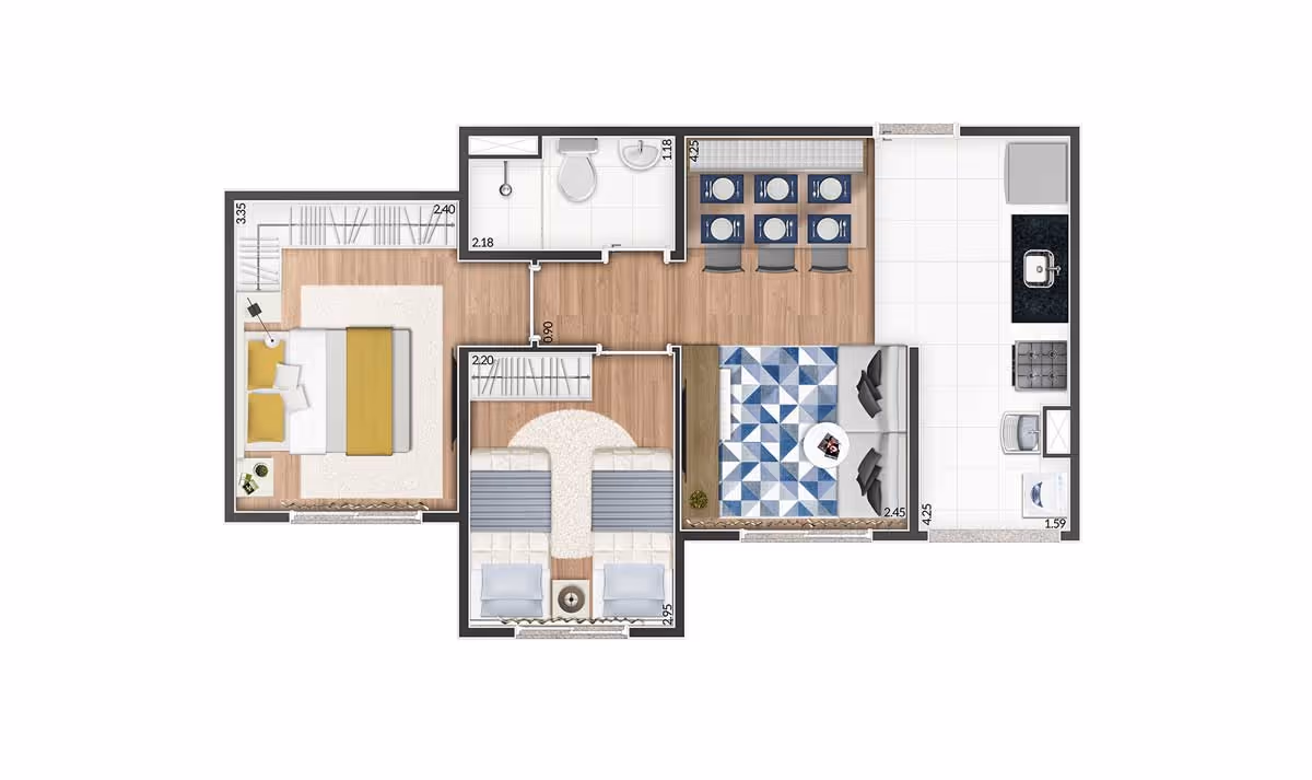 Planta do apartamento de 2 dormitórios, final de meio — Total Braz Cubas