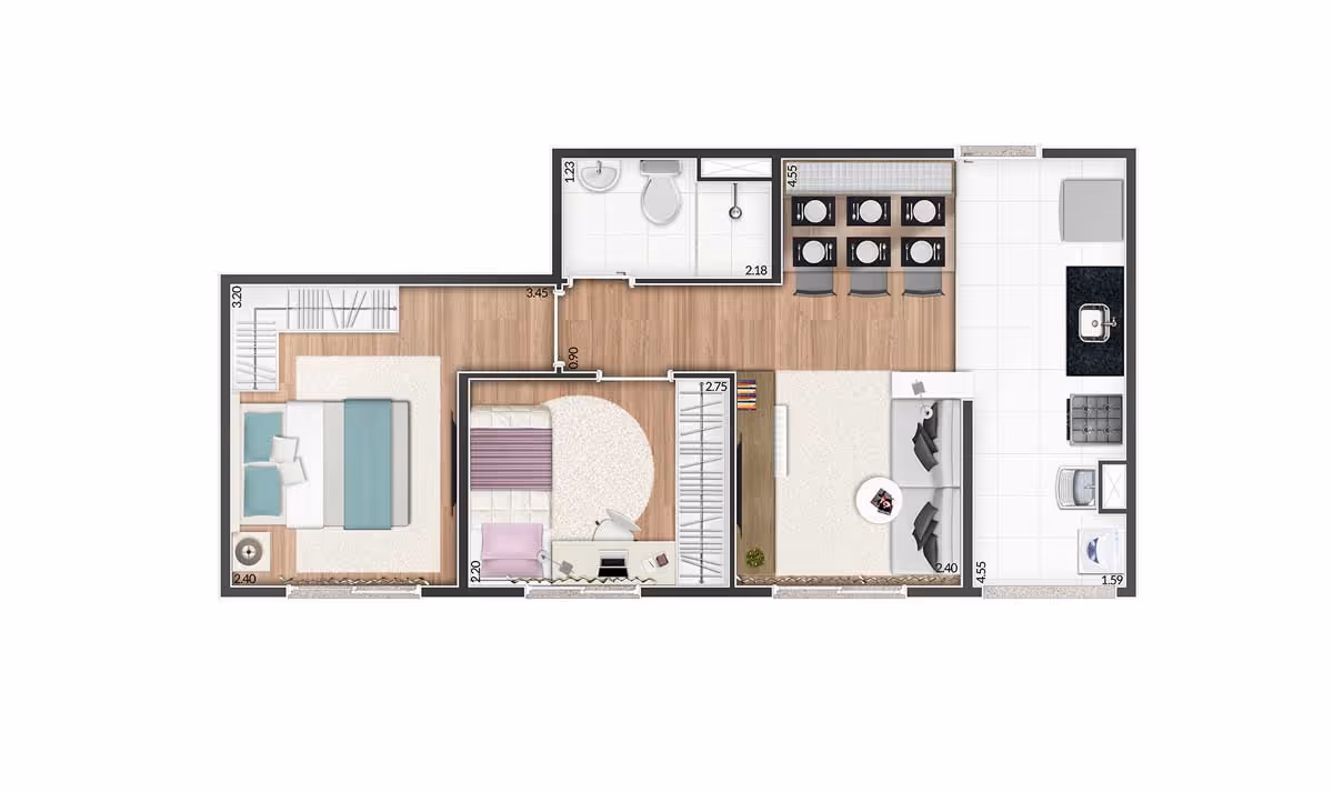 Planta do apartamento de 2 dormitórios, final de meio (opção 2) — Total Braz Cubas