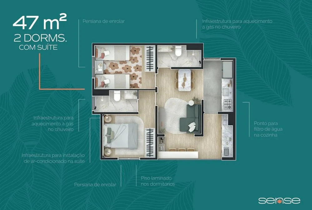 Planta do apartamento de 2 dormitórios com suíte, 47 m² — Residencial Sense