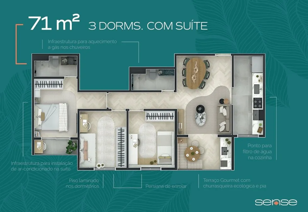 Planta do apartamento de 3 dormitórios com suíte, 71 m² — Residencial Sense