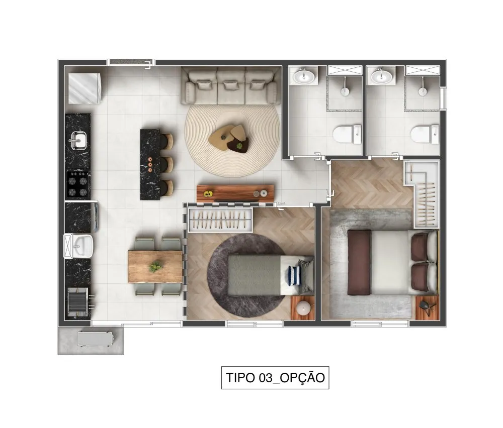Planta do apartamento tipo 03, opção de layout — Resort Integra Urbano