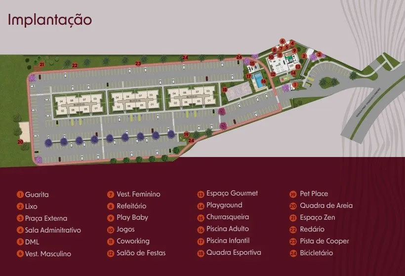 Implantação do condomínio com legenda dos ambientes — Mirage Mogi Moderno