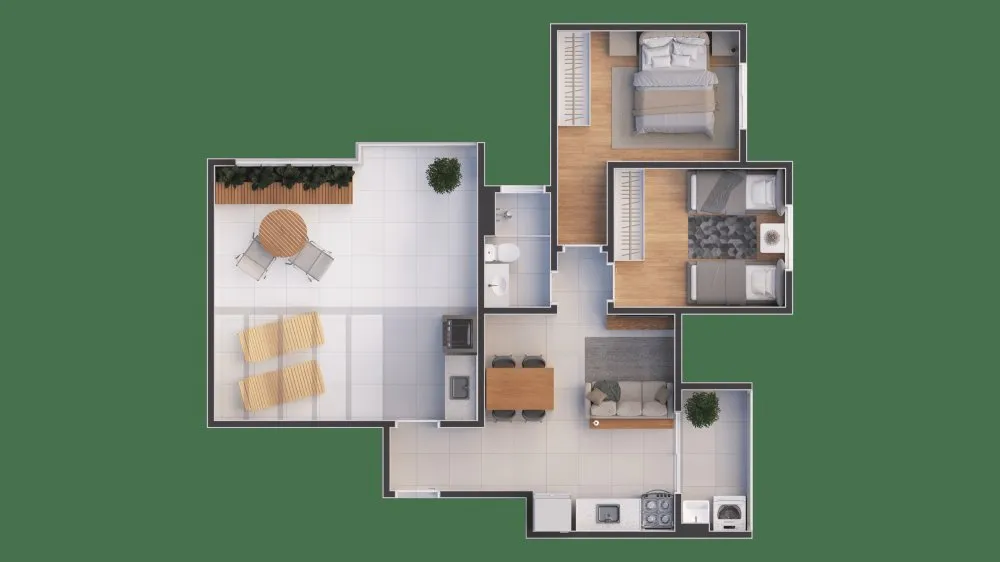 Planta do apartamento de 2 dormitórios com terraço — Residencial Porto Fino