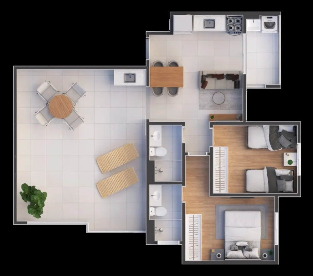 Planta do apartamento de 2 dormitórios com terraço, segunda opção — Residencial Porto Fino