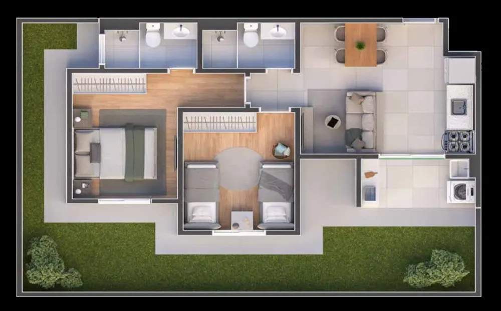 Planta do apartamento garden de 2 dormitórios com quintal — Residencial Porto Fino