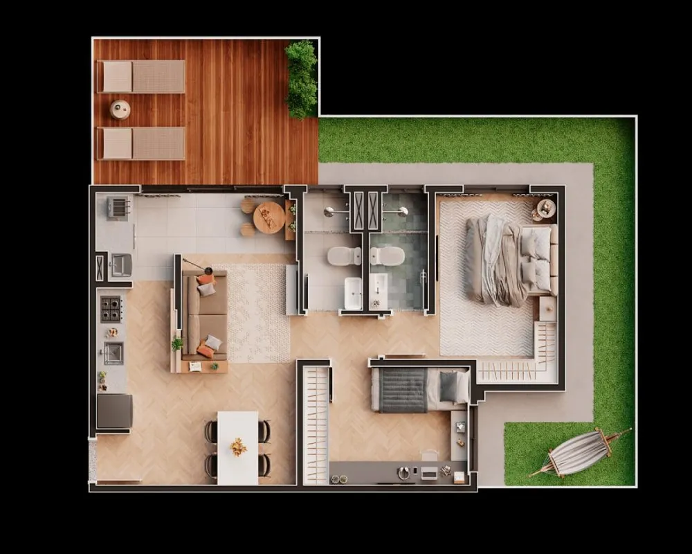Planta do apartamento garden de 2 dormitórios com quintal — Bliss Itapeti