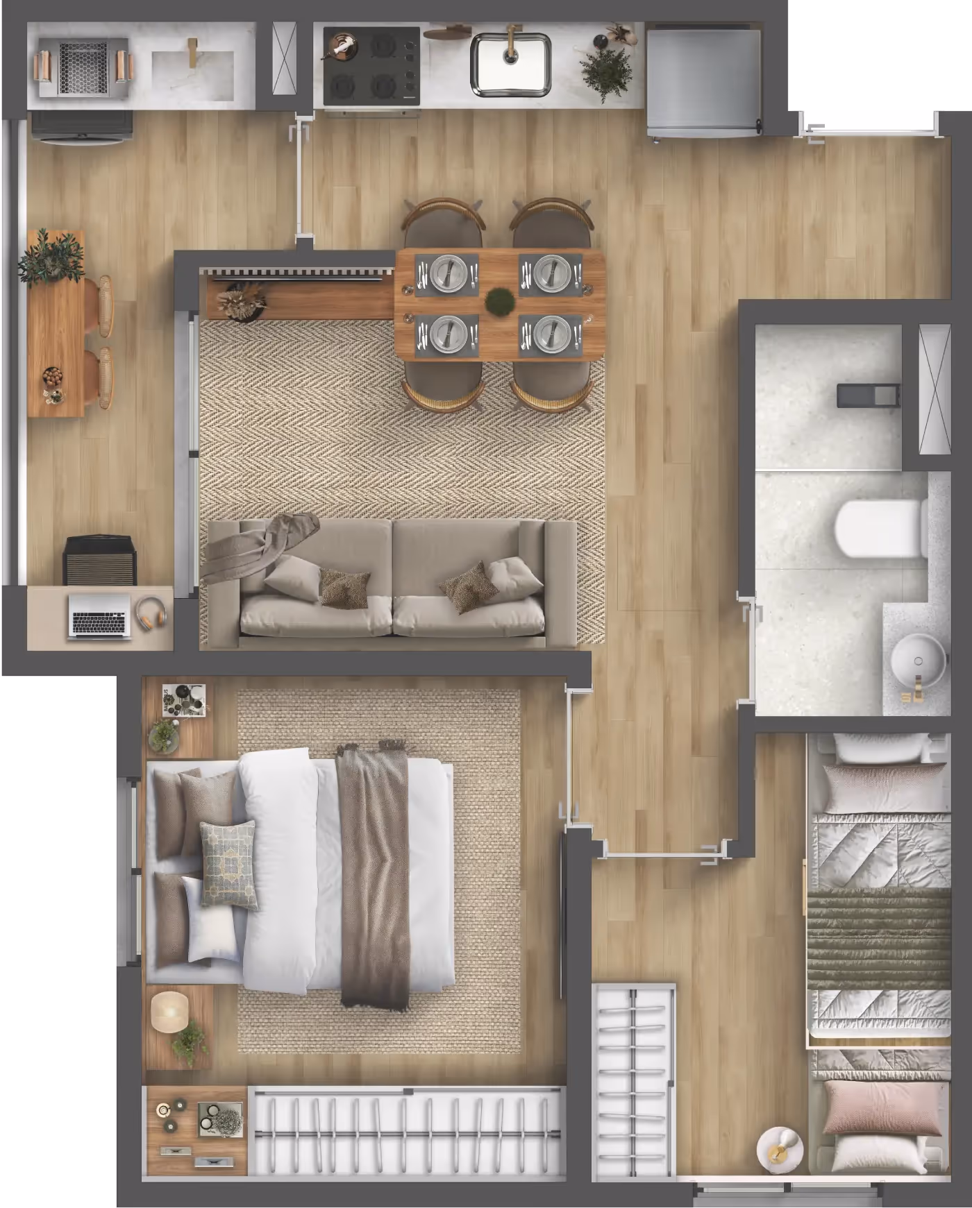 Planta do apartamento de 2 dormitórios tipo A, de 39,53 m² — Residencial Marô