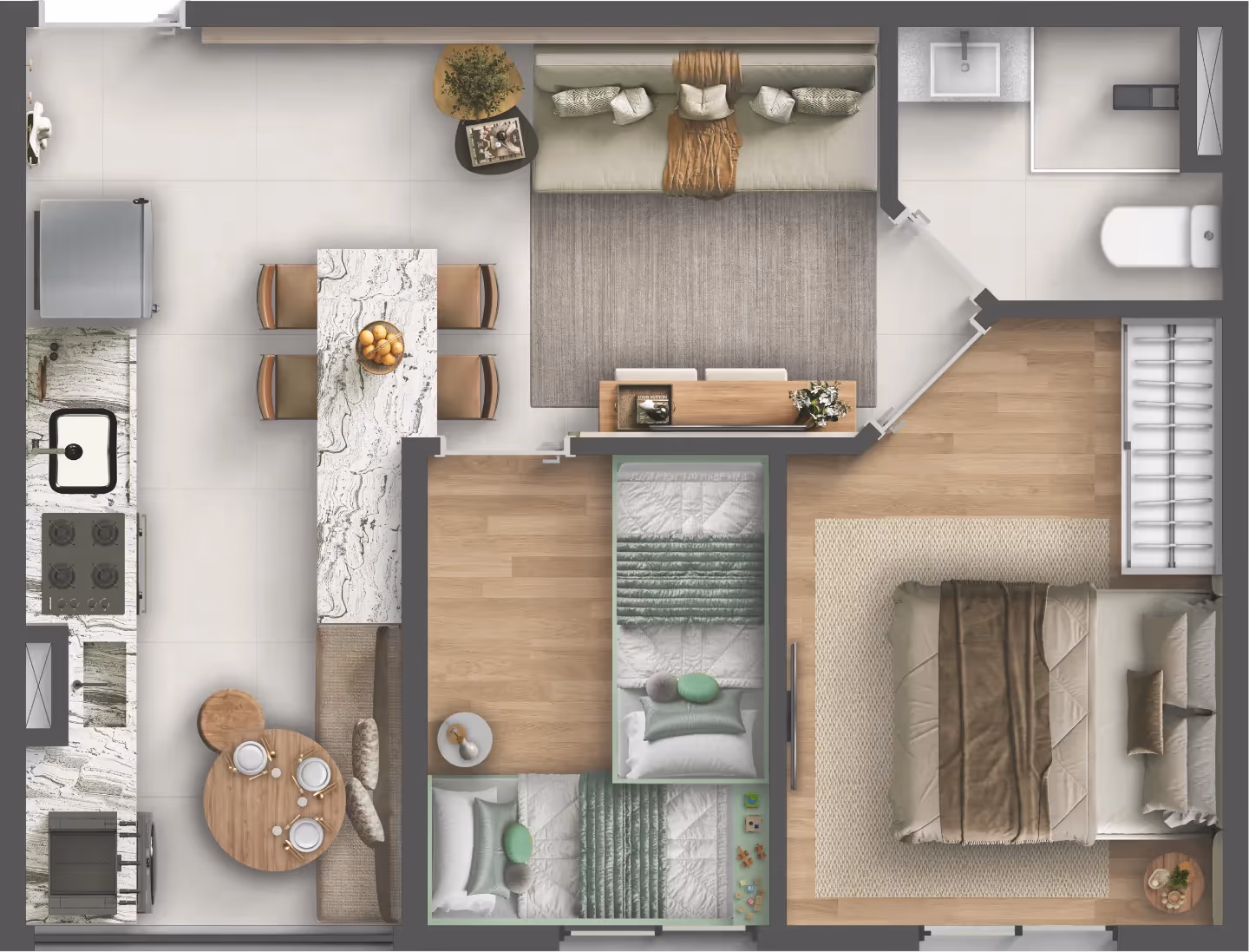 Planta do apartamento de 2 dormitórios tipo C, de 39,16 m², com cozinha americana — Residencial Marô