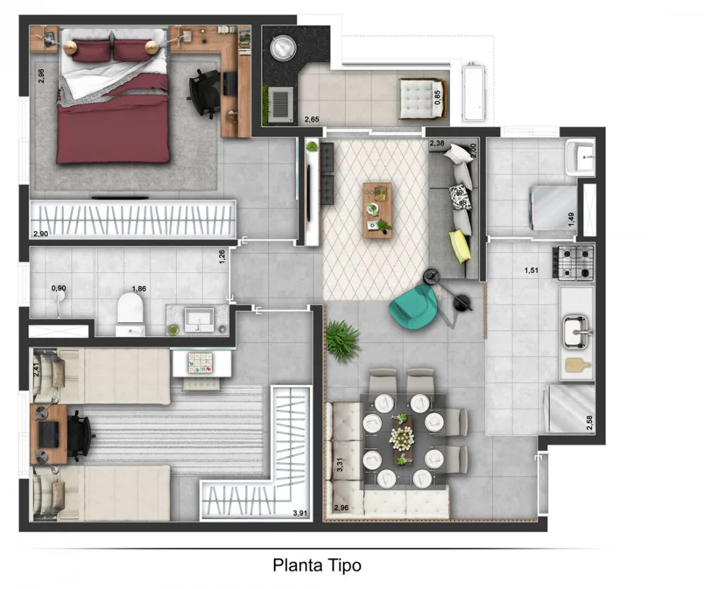 Planta tipo do apartamento de 2 dormitórios — Morada da Serra