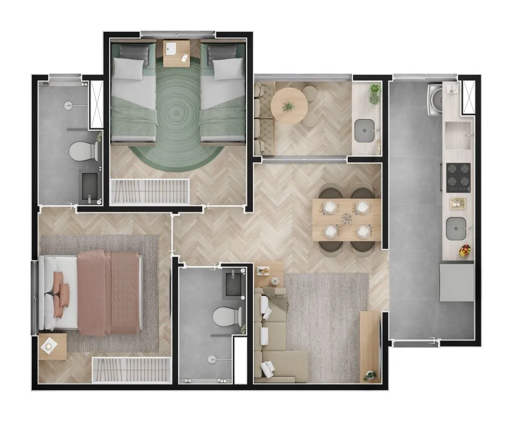 Planta do apartamento de 2 dormitórios, terceira opção — Urban Residencial