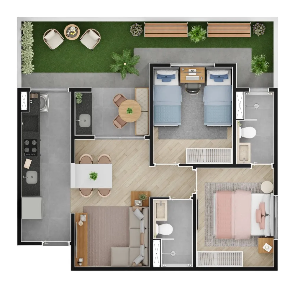 Planta do apartamento garden de 2 dormitórios com quintal — Urban Residencial