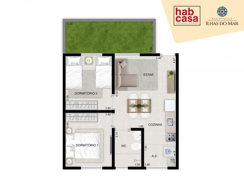 Planta do apartamento garden de 2 dormitórios com quintal — Residencial Ilhas do Mar