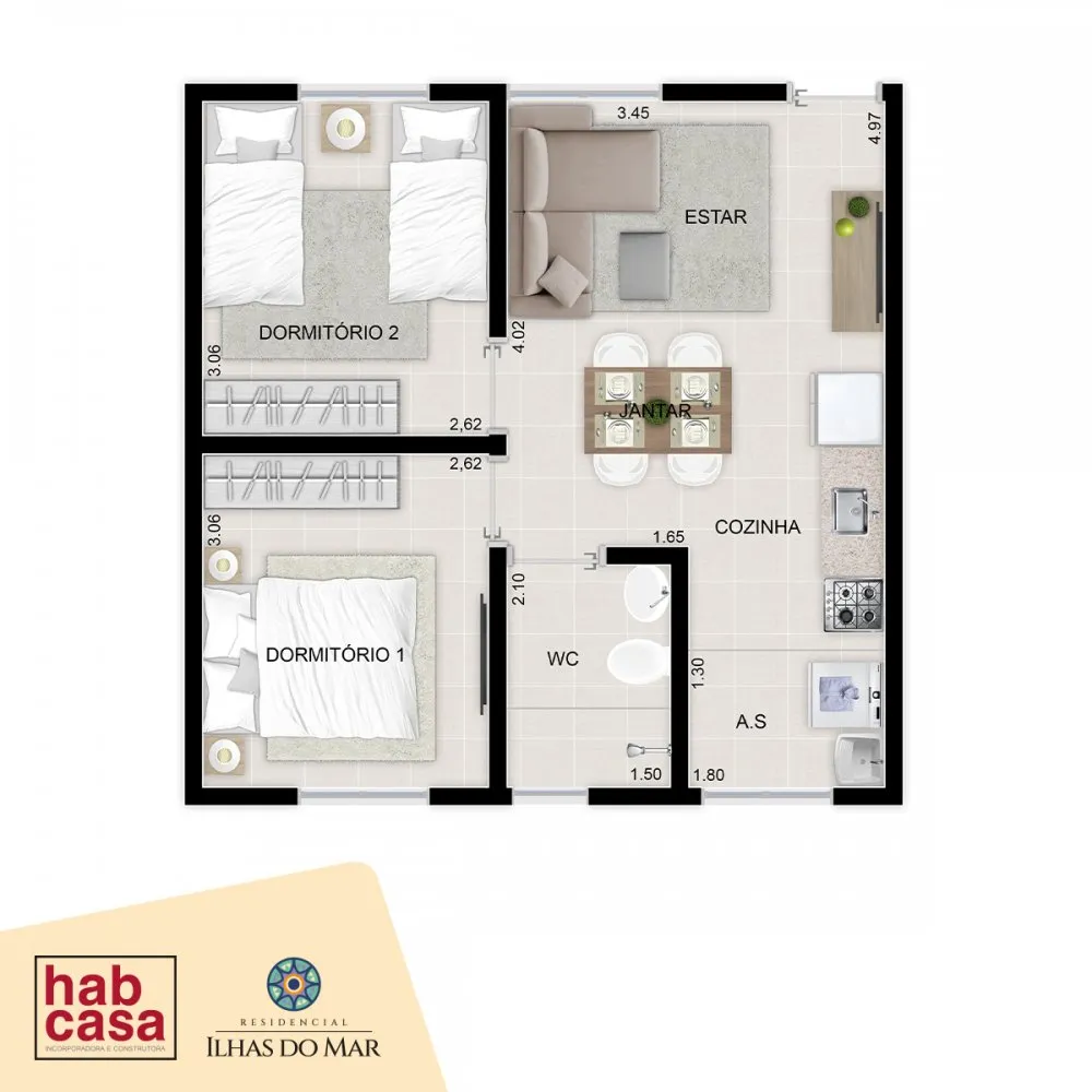 Planta do apartamento de 2 dormitórios — Residencial Ilhas do Mar