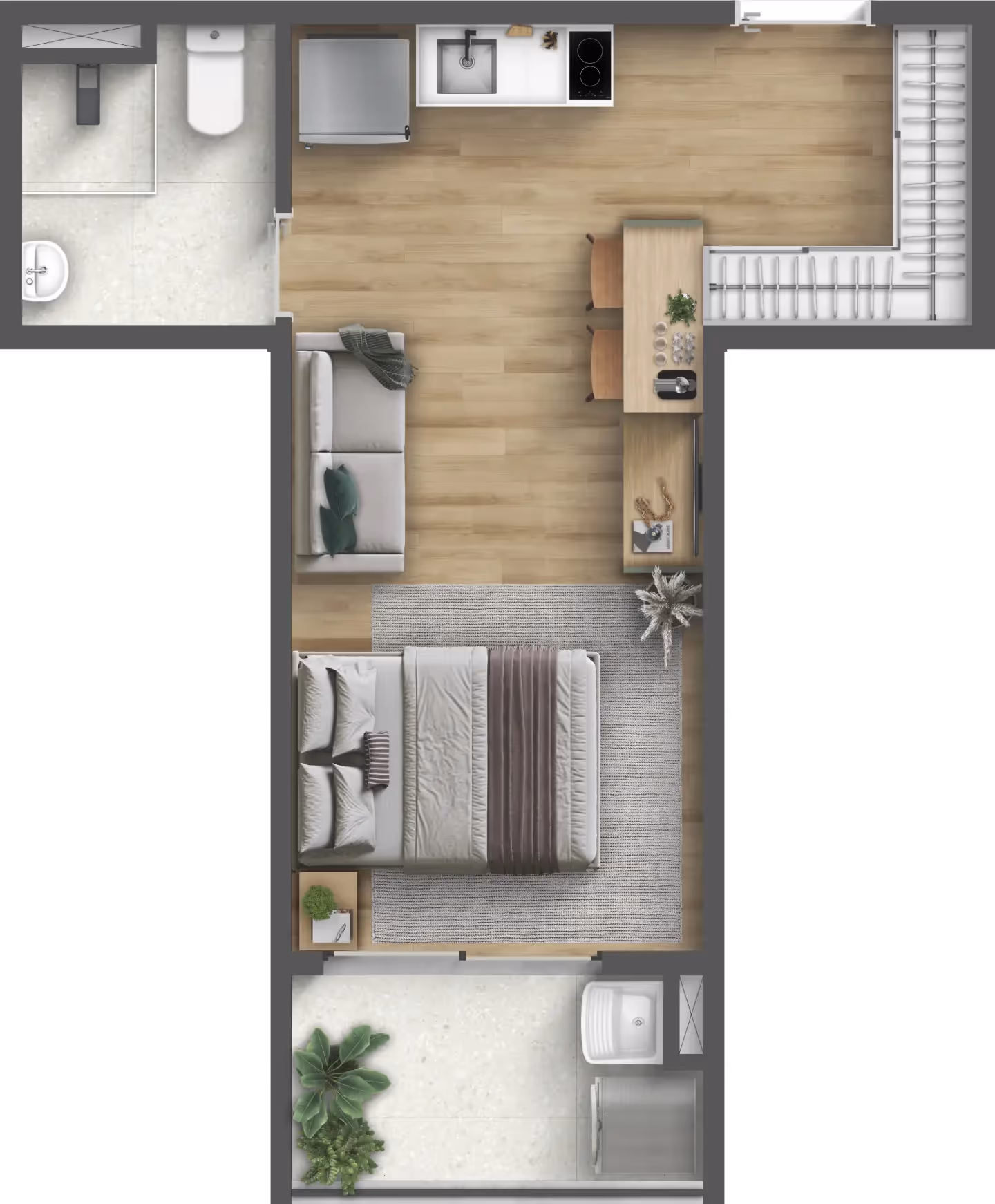 Planta do studio tipo D, de 27,58 m² — Residencial Momi