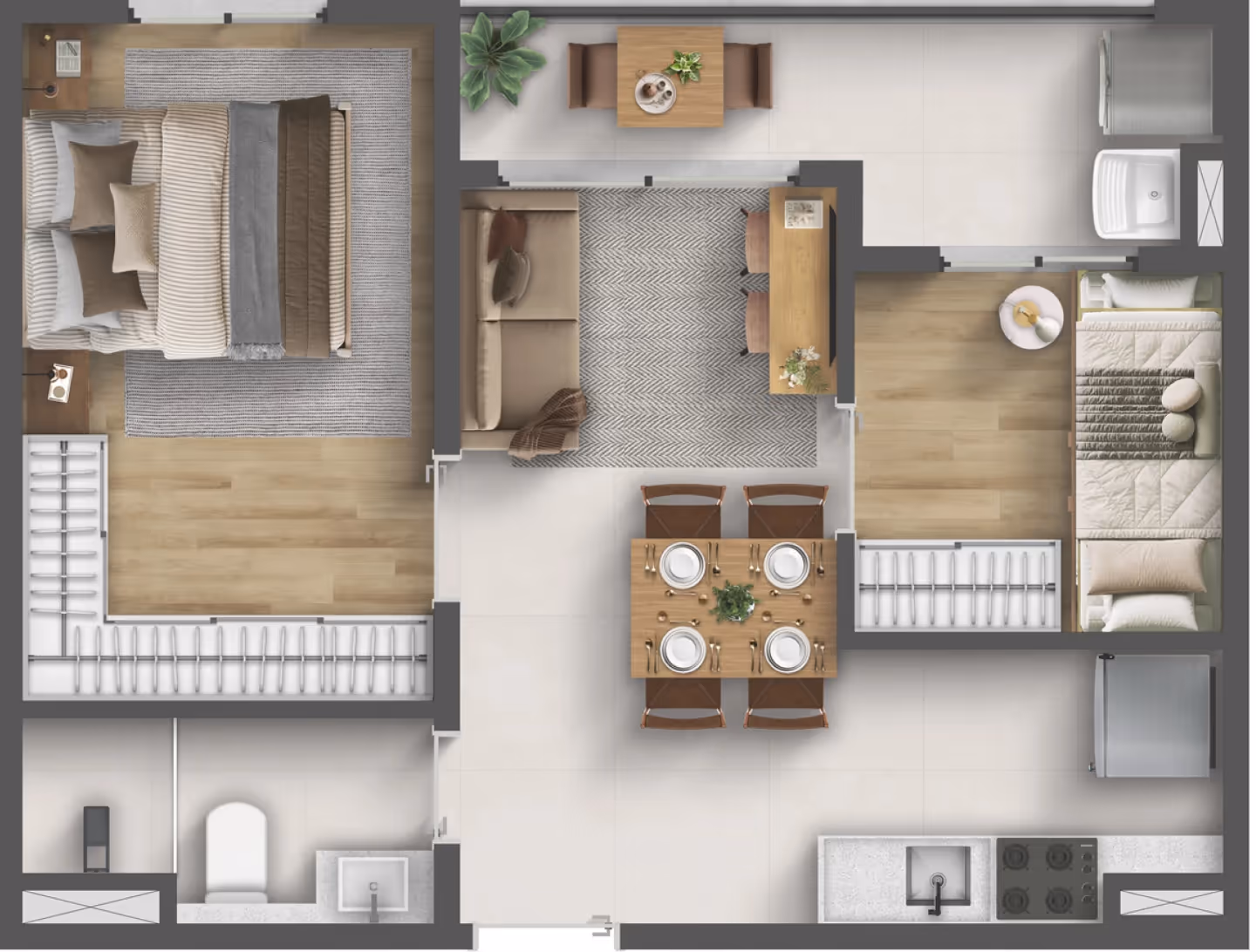 Planta do apartamento de 2 dormitórios tipo E, de 39,16 m² — Residencial Momi