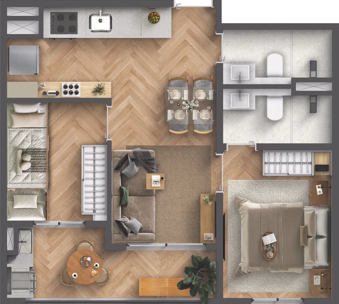 Planta do apartamento de 2 dormitórios tipo B, de 46,40 m², com terraço e dois banheiros — Residencial Momi