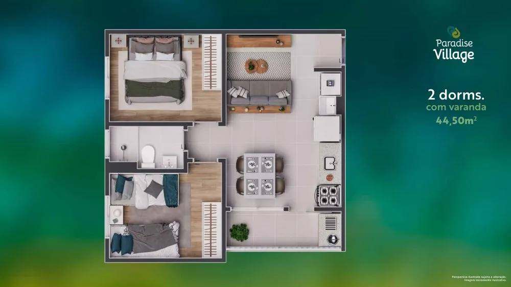 Planta do apartamento de 2 dormitórios com varanda de 44,50 m² — Residencial Paradise Village