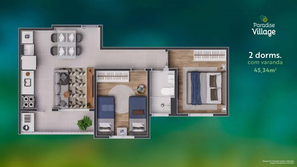 Planta do apartamento de 2 dormitórios com varanda de 45,34 m² — Residencial Paradise Village