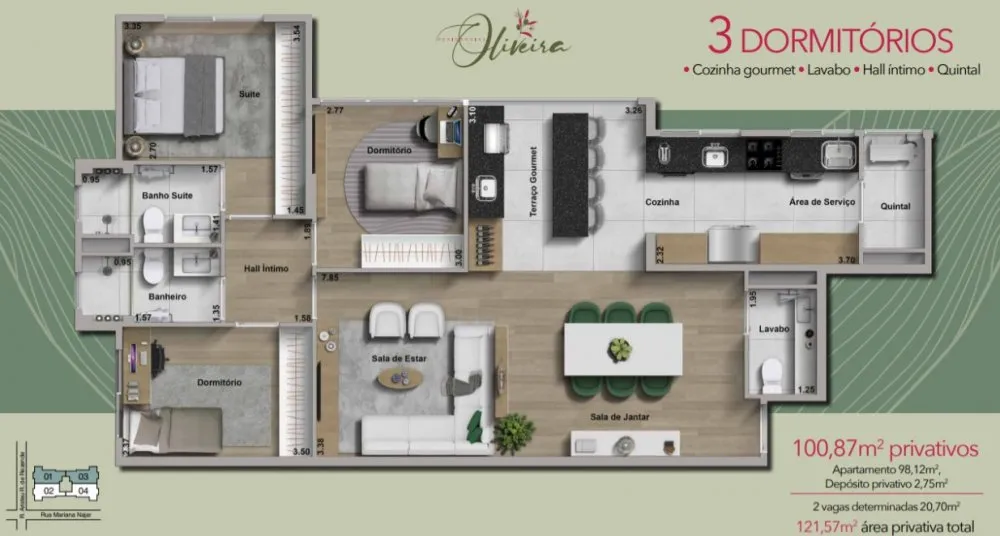Planta do apartamento de 3 dormitórios, 100,87 m² privativos — Residencial Vila Oliveira