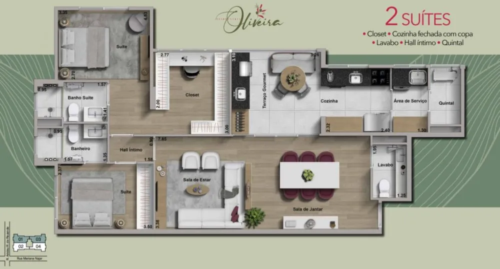 Planta do apartamento de 2 suítes com closet e cozinha fechada com copa — Residencial Vila Oliveira