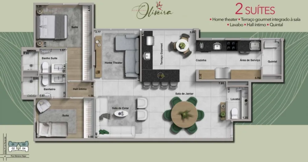 Planta do apartamento de 2 suítes com home theater e terraço gourmet — Residencial Vila Oliveira