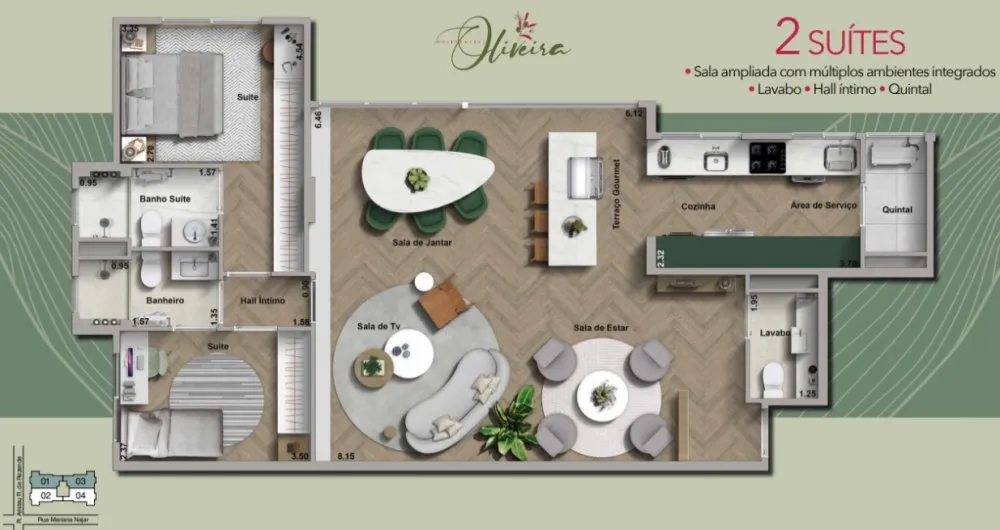Planta do apartamento de 2 suítes com sala ampliada — Residencial Vila Oliveira
