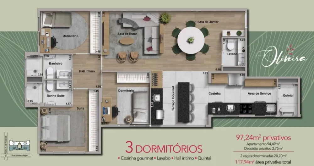 Planta do apartamento de 3 dormitórios, 97,24 m² privativos — Residencial Vila Oliveira