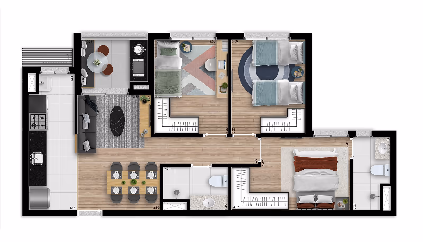 Planta tipo do apartamento de 3 dormitórios de 65,97 m² — Soma Galeria