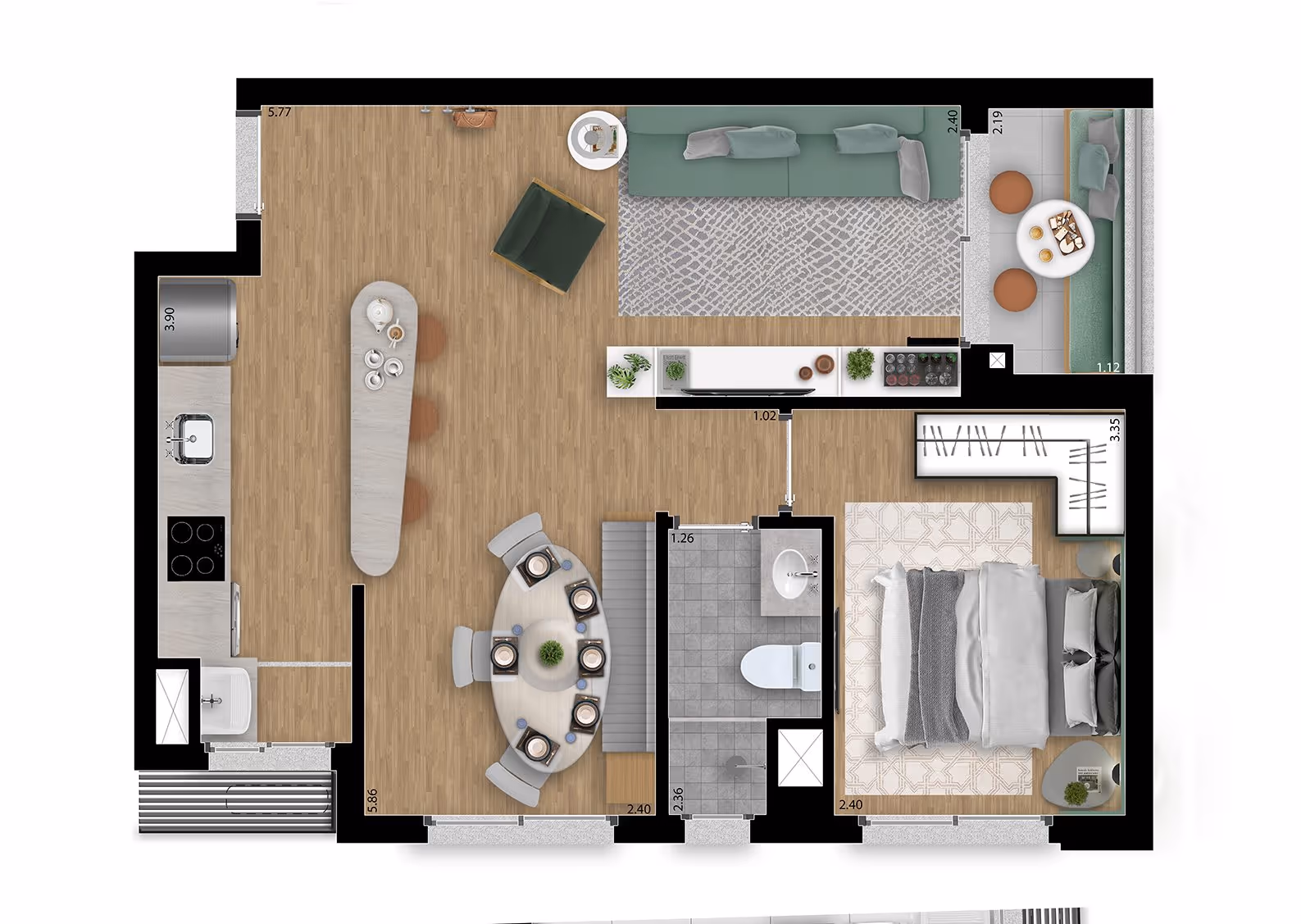 Planta do apartamento de 1 dormitório com sala ampliada de 49,72 m² — Soma Galeria