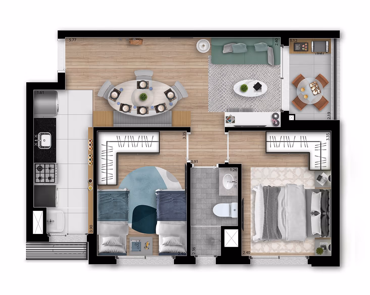 Planta tipo do apartamento de 2 dormitórios de 49,72 m² — Soma Galeria