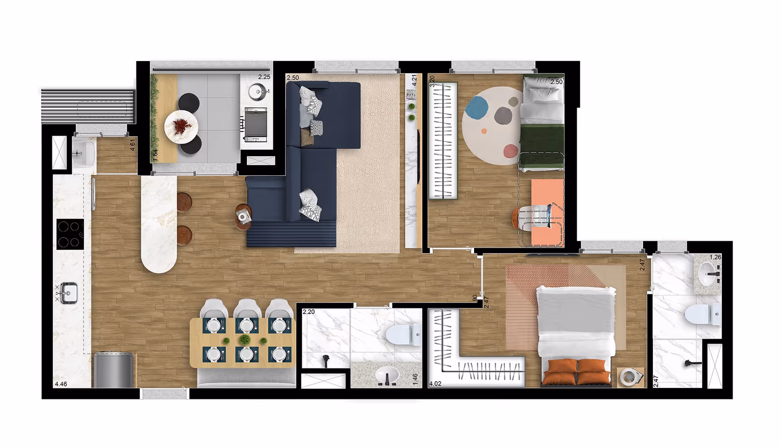 Planta do apartamento de 2 dormitórios com sala ampliada de 65,97 m² — Soma Galeria