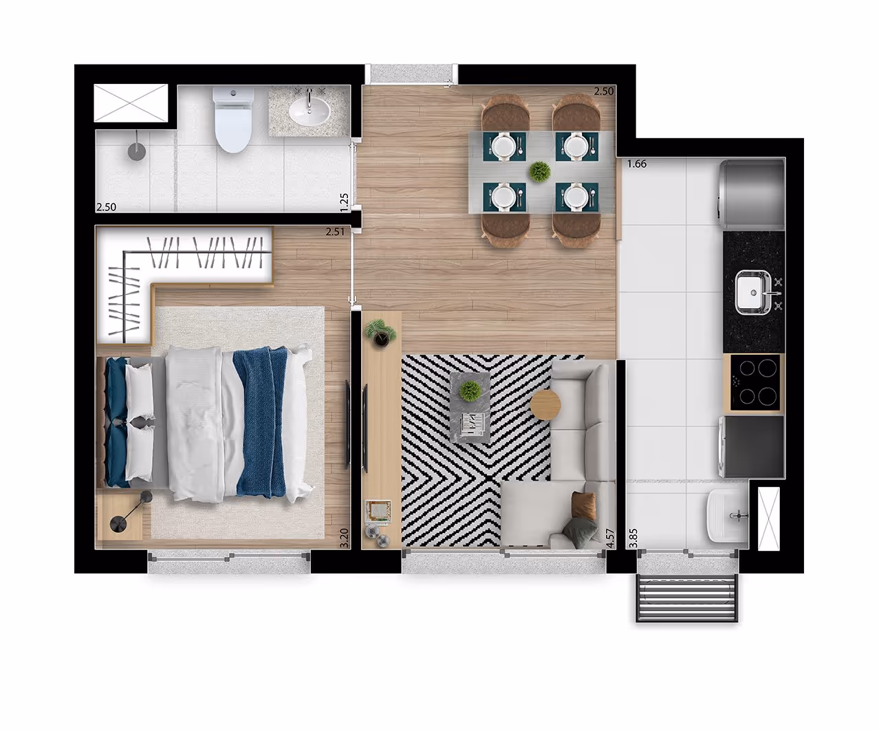 Planta tipo do apartamento de 1 dormitório de 33,69 m² — Soma Galeria