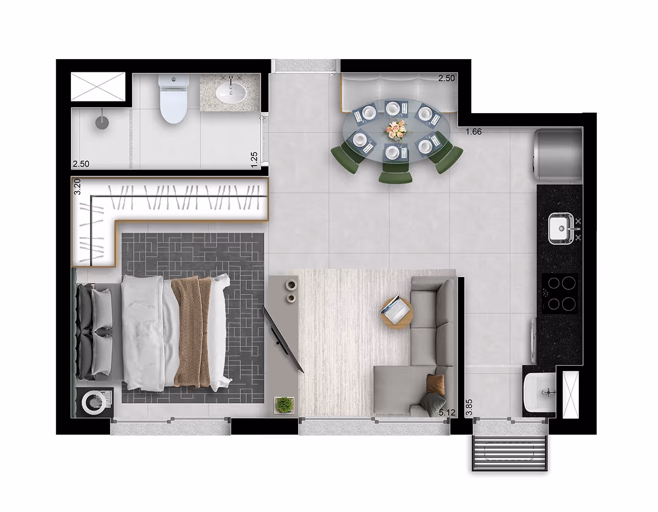 Planta do apartamento studio de 33,69 m² — Soma Galeria