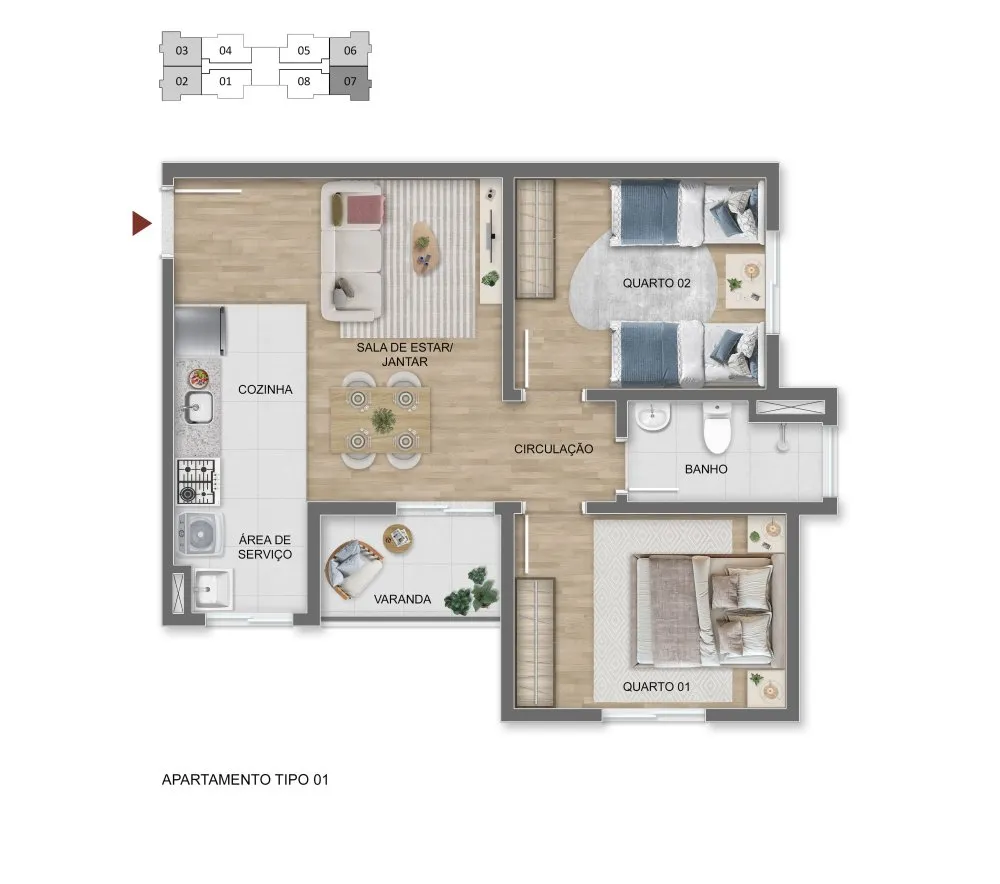 Planta do apartamento tipo 01, com 2 dormitórios — Sou Viver UP