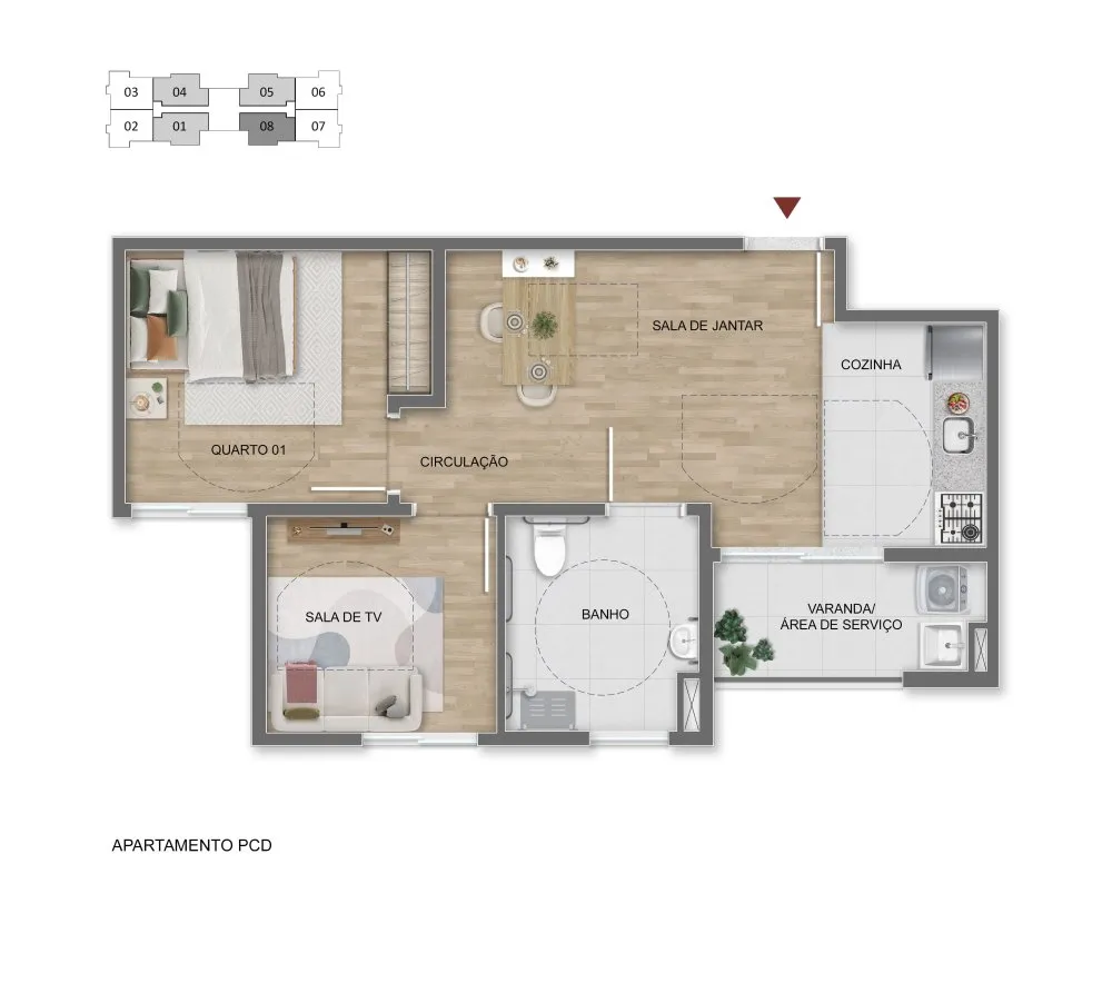 Planta do apartamento adaptado para PCD, com 2 dormitórios — Sou Viver UP