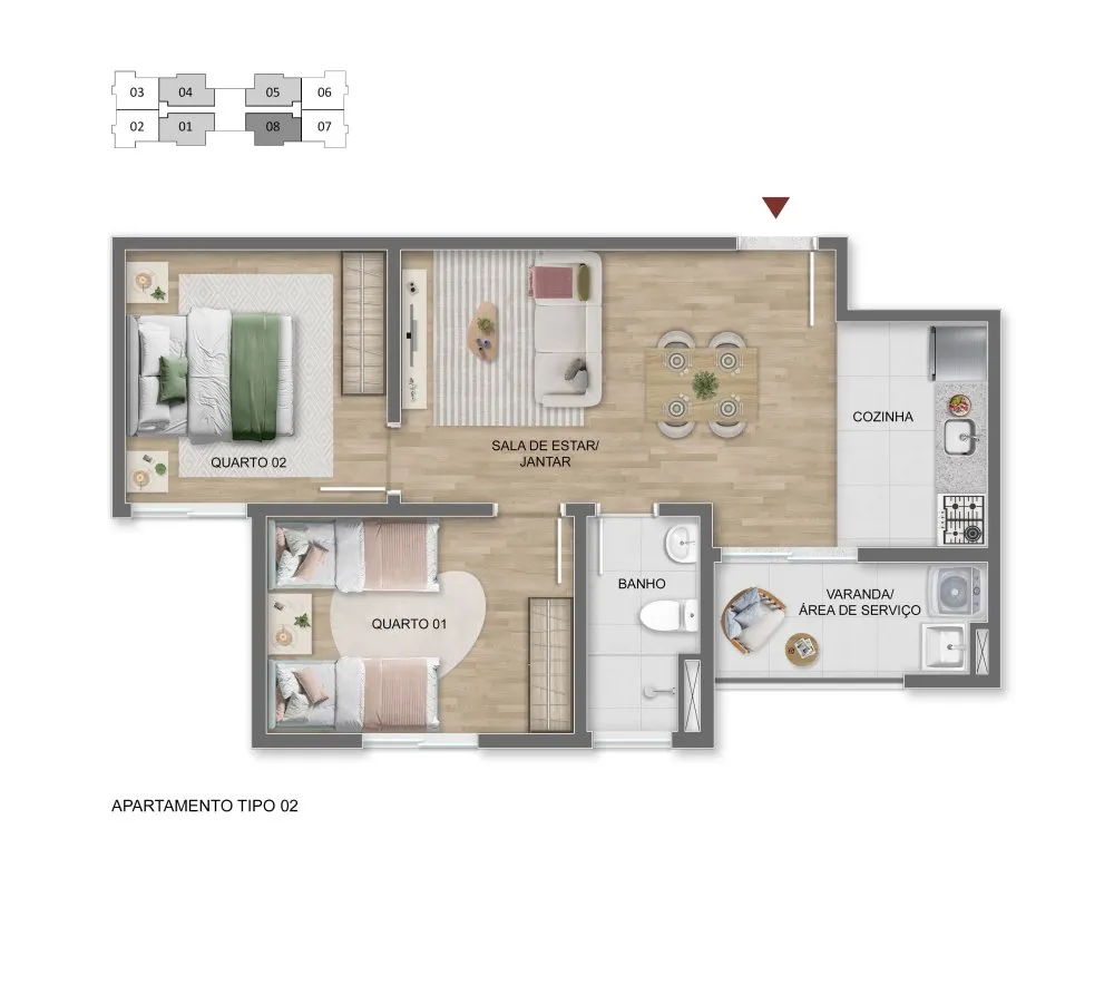 Planta do apartamento tipo 02, com 2 dormitórios — Sou Viver UP