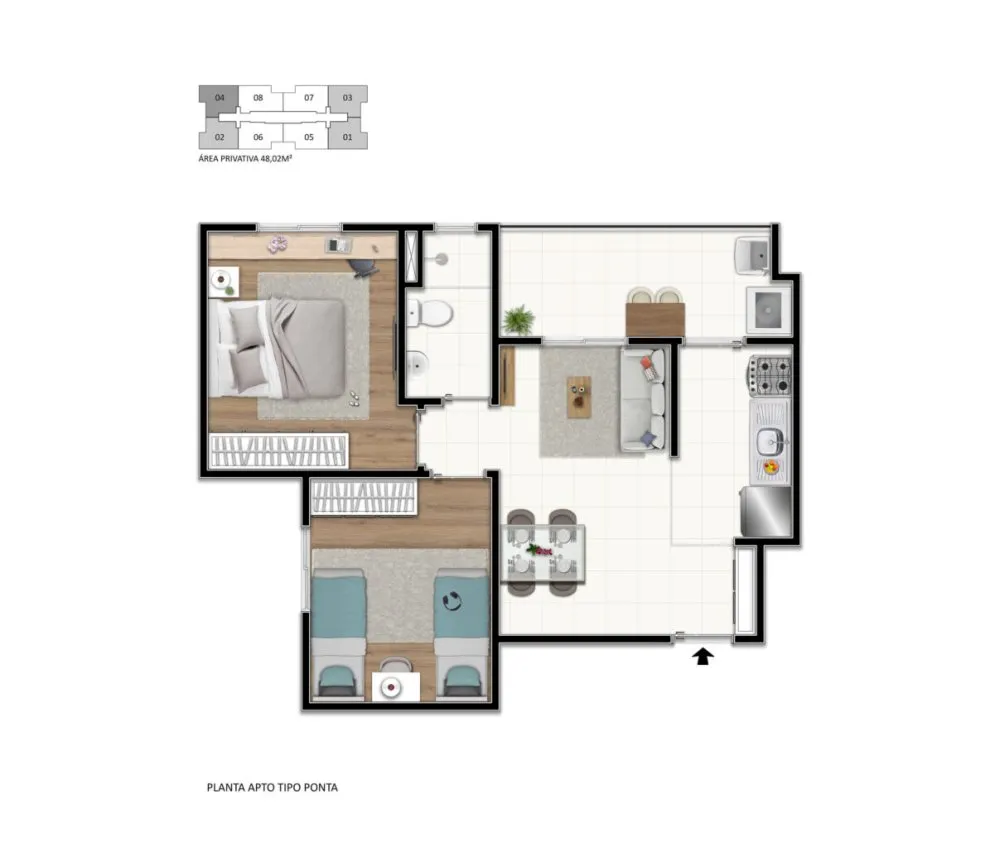 Planta do apartamento de 2 dormitórios, final de ponta — Solare - Mogi Moderno