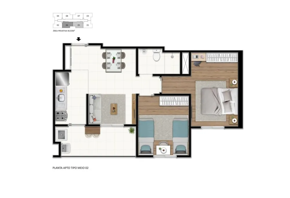 Planta do apartamento de 2 dormitórios, final de meio — Solare - Mogi Moderno