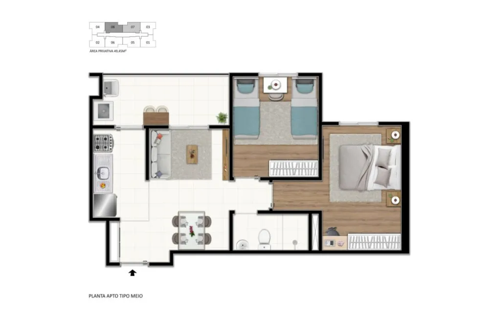 Planta do apartamento de 2 dormitórios, final de meio, segunda opção — Solare - Mogi Moderno