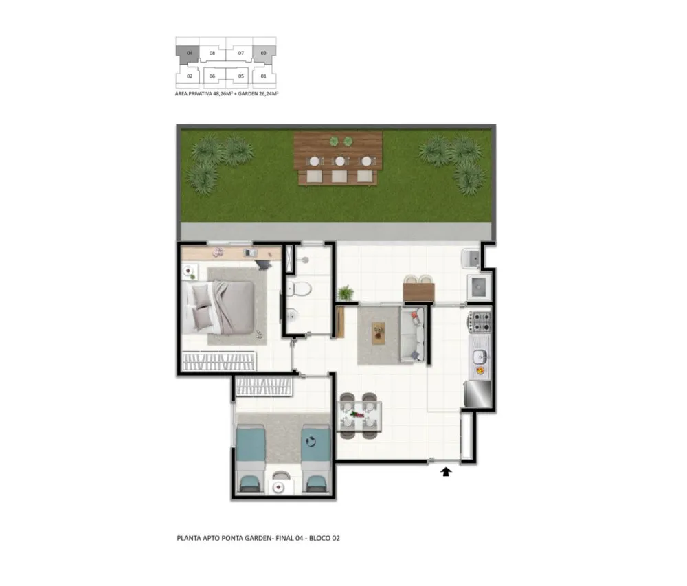 Planta do apartamento garden de 2 dormitórios, final de ponta — Solare - Mogi Moderno